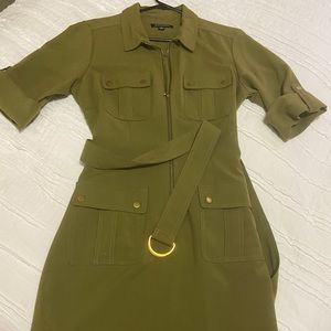 Olive green dress with front zipper and wrap belt.